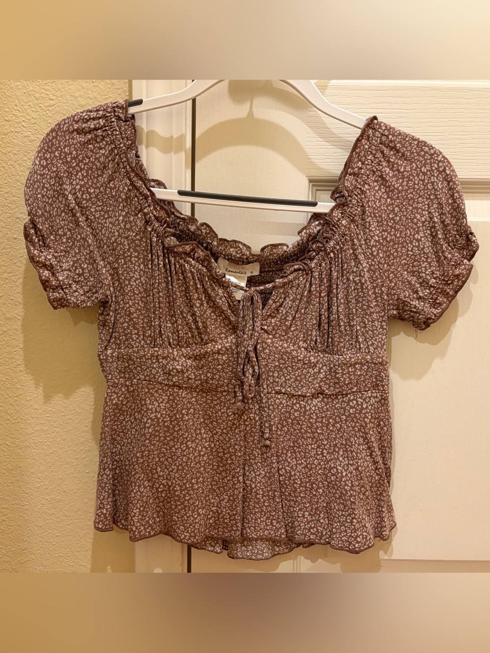 Brown Floral Peasant Top with Tie Front